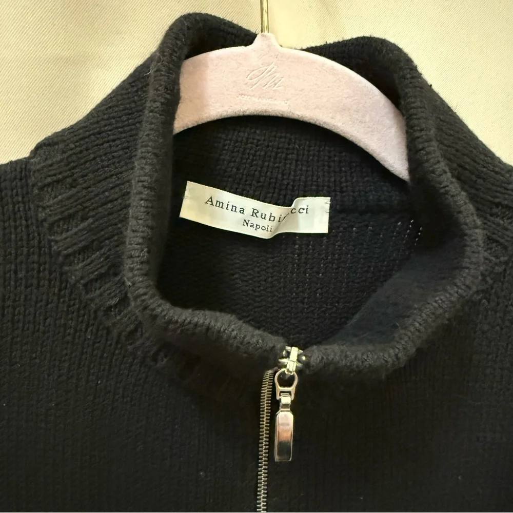 Amina Rubinacci Italy Black Knit Zip Jacket Cardigan Quiet Luxury Minimalist 42